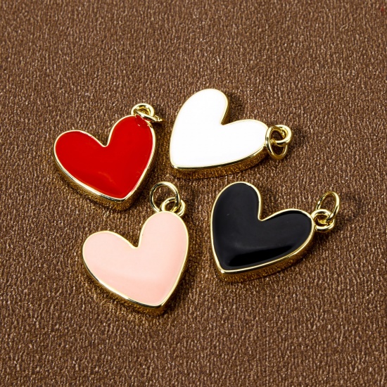 Image de 2 Pcs Breloques La Saint Valentin Respectueux de la Nature en Laiton Plaqué Or Véritable 18K Émail Cœur 20mm x 16mm