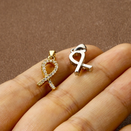 Imagen de 1 Unidad Respetuoso del Medio Ambiente Latón Colgantes Charms Oro Real Chapado Cinta Claro Circón Artificial 20mm x 8mm