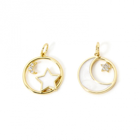 Imagen de 2 Unidades Respetuoso del Medio Ambiente Latón Galaxia Colgantes 18K Oro Real Chapado Esmalte Ronda Micro Pave Claro Circón Artificial 19mm x 14mm