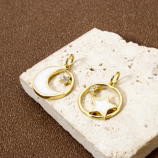 Imagen de 2 Unidades Respetuoso del Medio Ambiente Latón Galaxia Colgantes 18K Oro Real Chapado Esmalte Ronda Micro Pave Claro Circón Artificial 19mm x 14mm