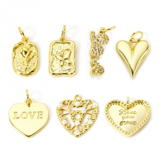 Image de 2 Pcs Breloques La Saint Valentin Respectueux de la Nature en Laiton Plaqué Or Véritable 18K Cœur Rose