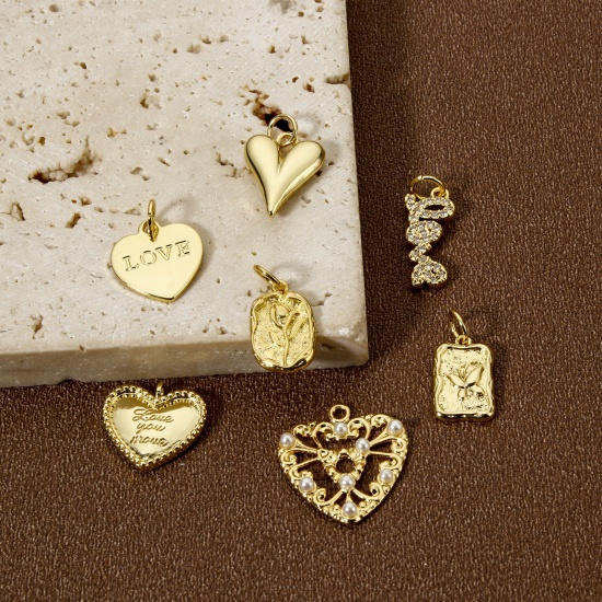 Image de 2 Pcs Breloques La Saint Valentin Respectueux de la Nature en Laiton Plaqué Or Véritable 18K Cœur Rose