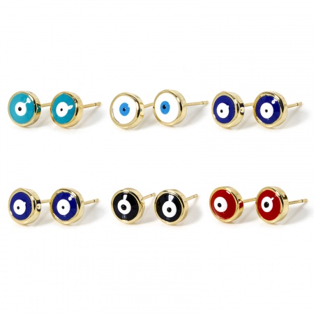 Eco-friendly Stylish Religious 18K Real Gold Plated Brass Evil Eye Enamel Ear Post Stud Earrings For Women Party 8mm Dia., Post/ Wire Size: 0.7mm