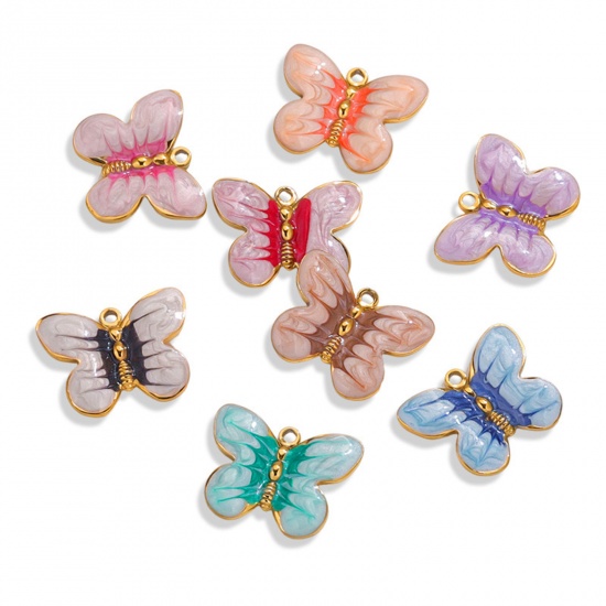 Picture of Eco-friendly PVD Vacuum Plating 304 Stainless Steel Charms Gold Plated Enamel Butterfly Animal 20mm x 15.5mm