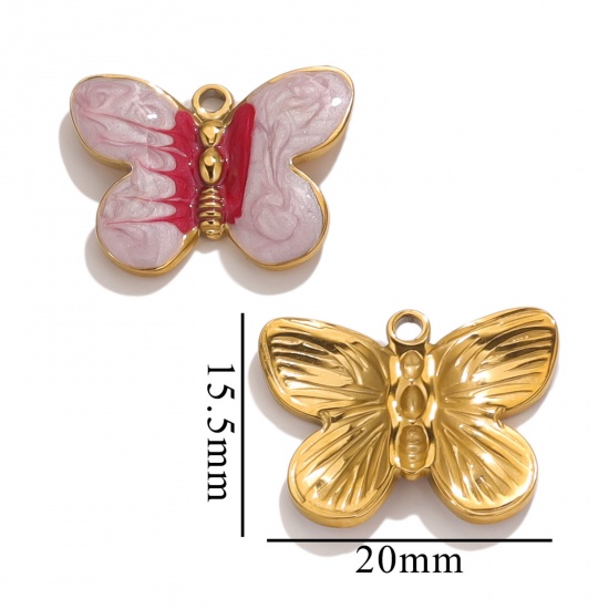 Picture of Eco-friendly PVD Vacuum Plating 304 Stainless Steel Charms Gold Plated Enamel Butterfly Animal 20mm x 15.5mm
