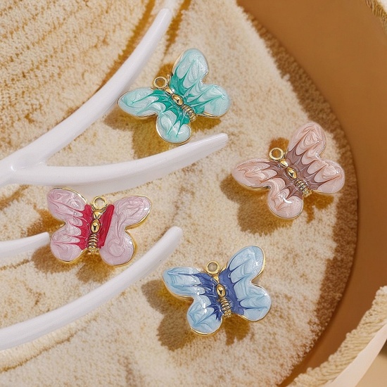 Picture of Eco-friendly PVD Vacuum Plating 304 Stainless Steel Charms Gold Plated Enamel Butterfly Animal 20mm x 15.5mm