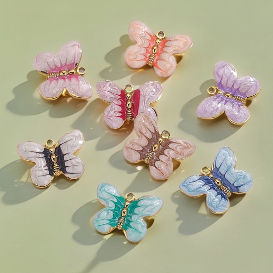 Picture of Eco-friendly PVD Vacuum Plating 304 Stainless Steel Charms Gold Plated Enamel Butterfly Animal 20mm x 15.5mm