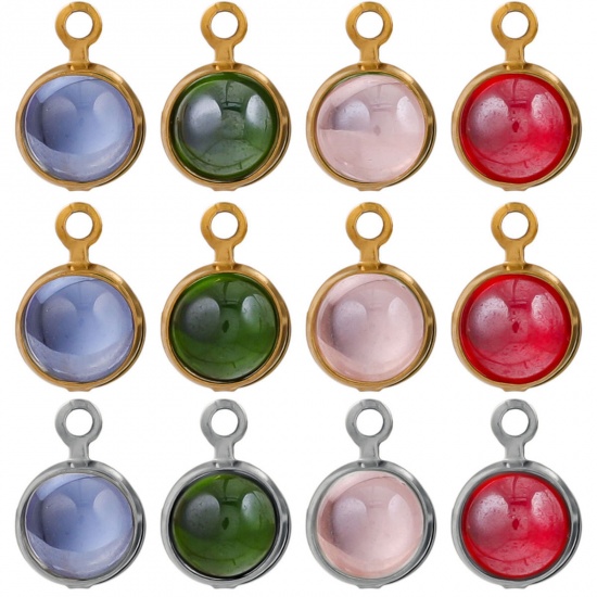 Picture of Eco-friendly 304 Stainless Steel & Glass Mini Charms Round 6.5mm x 10mm