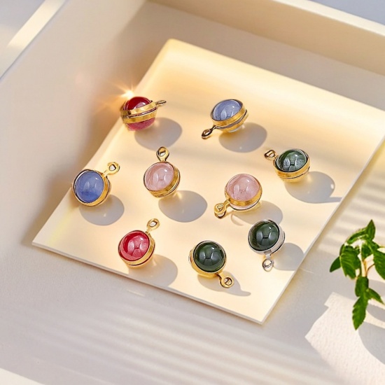 Picture of Eco-friendly 304 Stainless Steel & Glass Mini Charms Round 6.5mm x 10mm