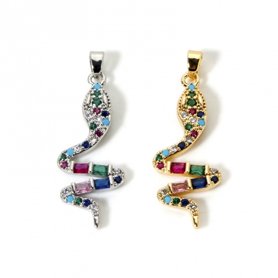 Immagine di 1 Pz Ecologico Ottone Ciondoli Pendenti Vero Oro Placcato Serpente Micro Spianare Multicolore Cubic Zirconiae 3.7cm x 1.3cm