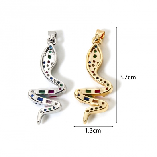 Immagine di 1 Pz Ecologico Ottone Ciondoli Pendenti Vero Oro Placcato Serpente Micro Spianare Multicolore Cubic Zirconiae 3.7cm x 1.3cm