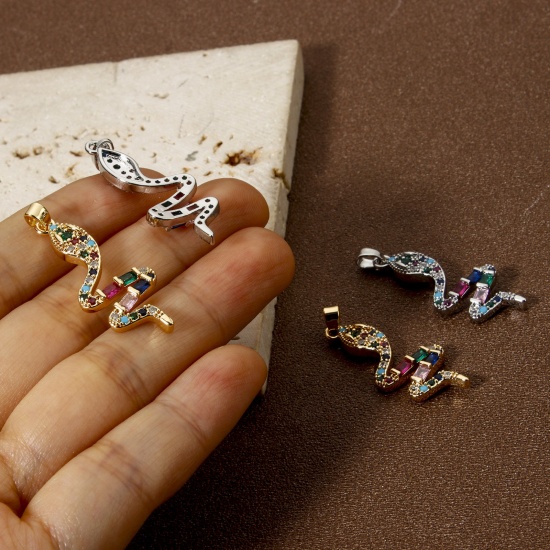 Immagine di 1 Pz Ecologico Ottone Ciondoli Pendenti Vero Oro Placcato Serpente Micro Spianare Multicolore Cubic Zirconiae 3.7cm x 1.3cm