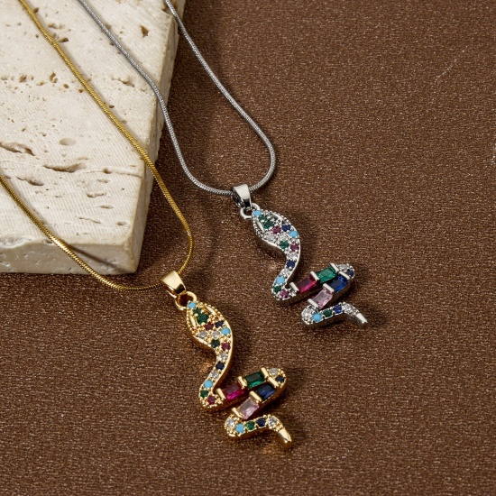 Immagine di 1 Pz Ecologico Ottone Ciondoli Pendenti Vero Oro Placcato Serpente Micro Spianare Multicolore Cubic Zirconiae 3.7cm x 1.3cm