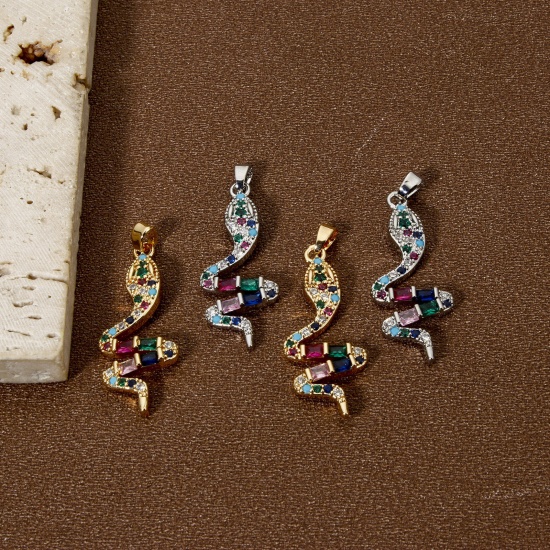 Immagine di 1 Pz Ecologico Ottone Ciondoli Pendenti Vero Oro Placcato Serpente Micro Spianare Multicolore Cubic Zirconiae 3.7cm x 1.3cm