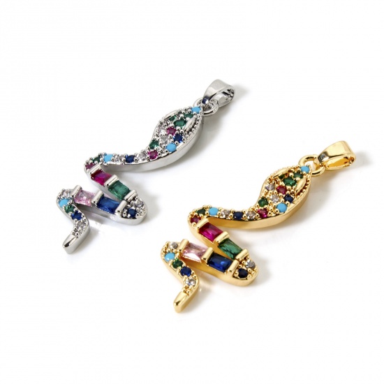 Immagine di 1 Pz Ecologico Ottone Ciondoli Pendenti Vero Oro Placcato Serpente Micro Spianare Multicolore Cubic Zirconiae 3.7cm x 1.3cm