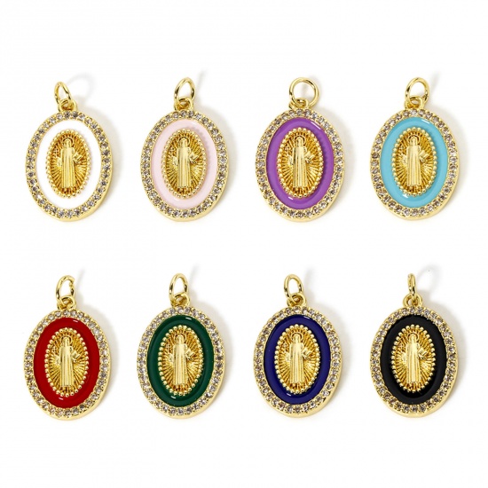 Picture of Eco-friendly Brass Religious Charms 18K Real Gold Plated Enamel Oval Jesus Micro Pave Clear Cubic Zirconia 24mm x 14mm