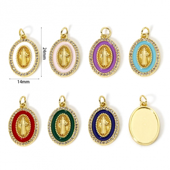 Picture of Eco-friendly Brass Religious Charms 18K Real Gold Plated Enamel Oval Jesus Micro Pave Clear Cubic Zirconia 24mm x 14mm
