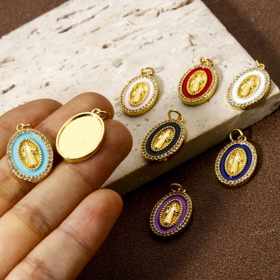 Picture of Eco-friendly Brass Religious Charms 18K Real Gold Plated Enamel Oval Jesus Micro Pave Clear Cubic Zirconia 24mm x 14mm