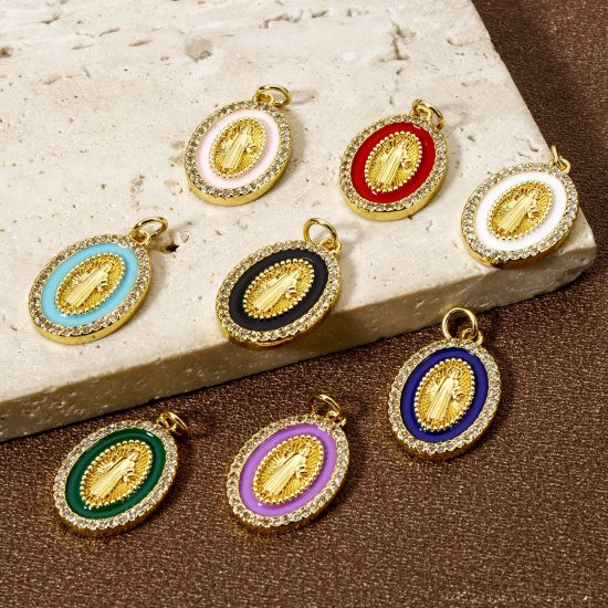 Picture of Eco-friendly Brass Religious Charms 18K Real Gold Plated Enamel Oval Jesus Micro Pave Clear Cubic Zirconia 24mm x 14mm