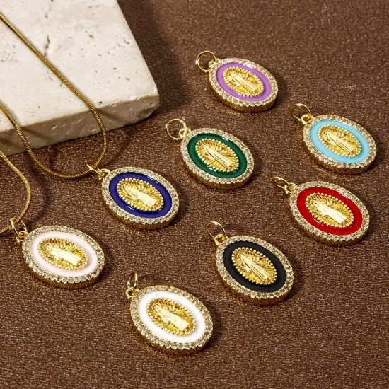 Picture of Eco-friendly Brass Religious Charms 18K Real Gold Plated Enamel Oval Jesus Micro Pave Clear Cubic Zirconia 24mm x 14mm