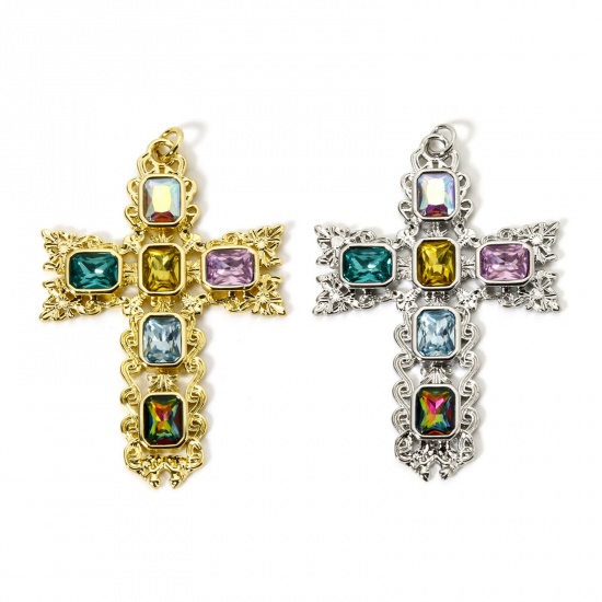 Bild von 1 Piece Eco-friendly Brass Religious Pendants Real Gold Plated Cross Micro Pave Multicolour Cubic Zirconia 7.5cm x 4.7cm