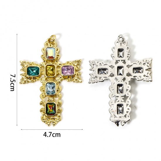 Bild von 1 Piece Eco-friendly Brass Religious Pendants Real Gold Plated Cross Micro Pave Multicolour Cubic Zirconia 7.5cm x 4.7cm