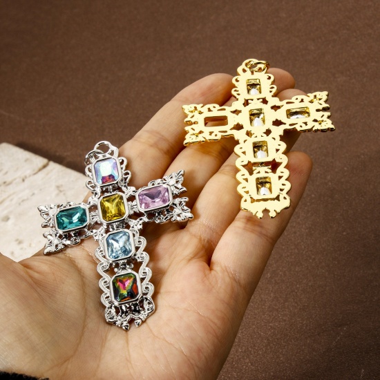 Bild von 1 Piece Eco-friendly Brass Religious Pendants Real Gold Plated Cross Micro Pave Multicolour Cubic Zirconia 7.5cm x 4.7cm