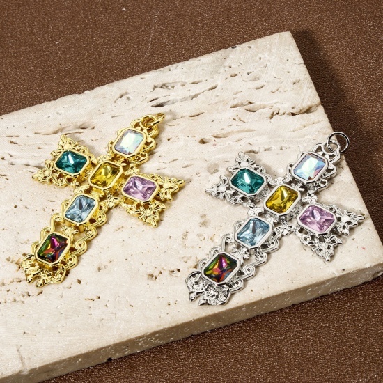 Bild von 1 Piece Eco-friendly Brass Religious Pendants Real Gold Plated Cross Micro Pave Multicolour Cubic Zirconia 7.5cm x 4.7cm