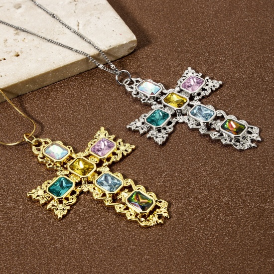 Bild von 1 Piece Eco-friendly Brass Religious Pendants Real Gold Plated Cross Micro Pave Multicolour Cubic Zirconia 7.5cm x 4.7cm