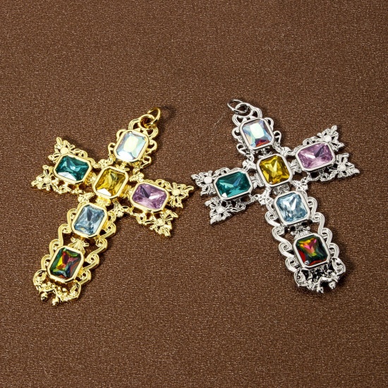 Bild von 1 Piece Eco-friendly Brass Religious Pendants Real Gold Plated Cross Micro Pave Multicolour Cubic Zirconia 7.5cm x 4.7cm