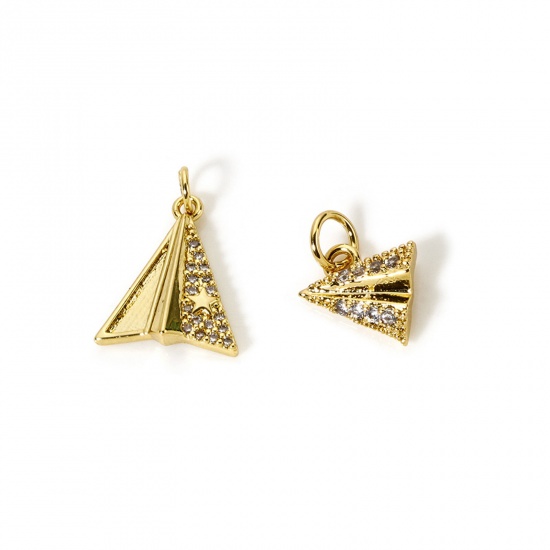 Image de 2 Pcs Breloques Origami Respectueux de la Nature en Laiton Plaqué Or Véritable 18K Avion en Origami Micro Pave à Zircone Cubique Clair