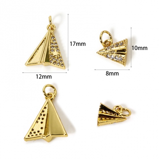 Image de 2 Pcs Breloques Origami Respectueux de la Nature en Laiton Plaqué Or Véritable 18K Avion en Origami Micro Pave à Zircone Cubique Clair