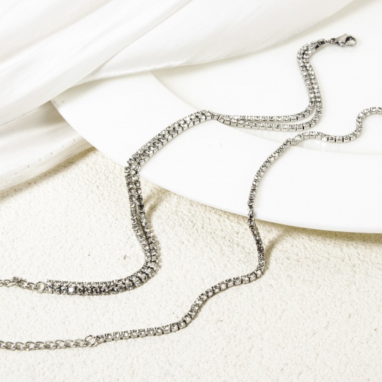 Immagine di 1 Pz Ecologico Retrò Tono Argento 304 Acciaio Inossidabile & Strass Catena della tazza Braccialetti Per Donne Festa 17cm Lunghezza
