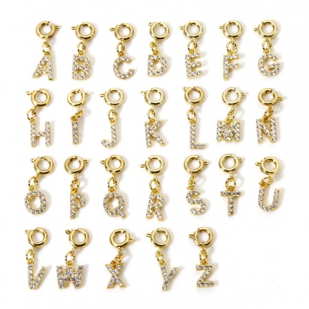 Eco-friendly Brass Clip On Charms For Vintage Charm Bracelets 18K Real Gold Plated Capital Alphabet Initial Letter With Spring Ring Clasp Clear Cubic Zirconia
