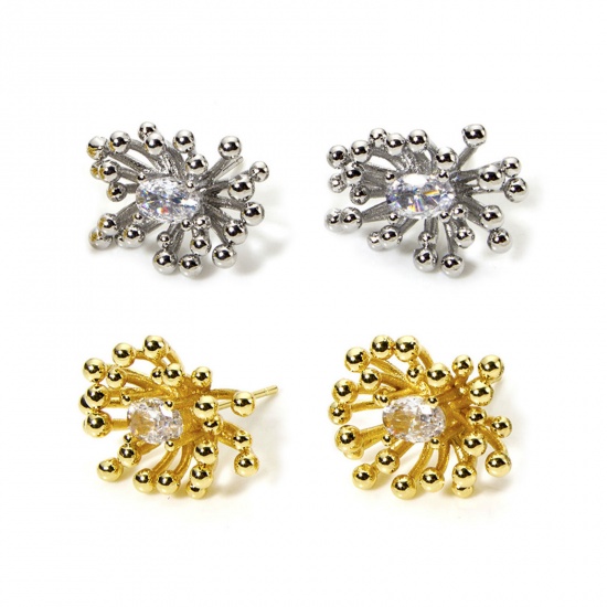 Picture of Eco-friendly Stylish Exquisite Real Gold Plated Brass & Cubic Zirconia Flower Ear Post Stud Earrings For Women 19mm x 14mm, Post/ Wire Size: (21 gauge)
