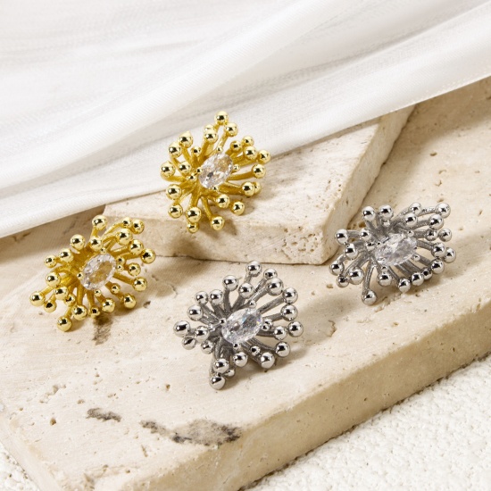 Picture of Eco-friendly Stylish Exquisite Real Gold Plated Brass & Cubic Zirconia Flower Ear Post Stud Earrings For Women 19mm x 14mm, Post/ Wire Size: (21 gauge)