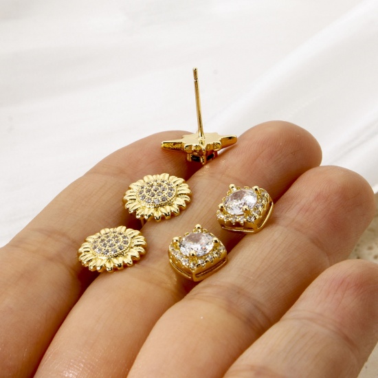 Immagine di 1 Paio Ecologico Elegante Squisito 18K Vero Oro Placcato Ottone + Zircone Cubico Orecchini a Perno Per Donne