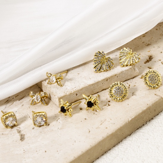 Immagine di 1 Paio Ecologico Elegante Squisito 18K Vero Oro Placcato Ottone + Zircone Cubico Orecchini a Perno Per Donne