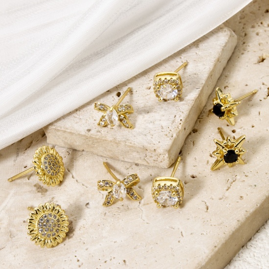 Immagine di 1 Paio Ecologico Elegante Squisito 18K Vero Oro Placcato Ottone + Zircone Cubico Orecchini a Perno Per Donne
