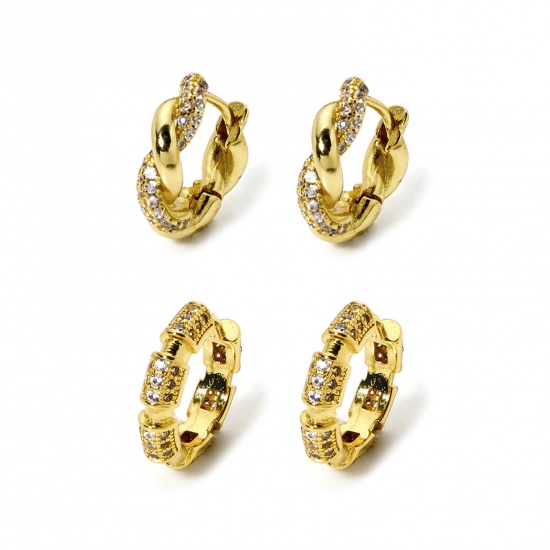 Immagine di 1 Paio Ecologico Elegante 18K Vero Oro Placcato Ottone + Zircone Cubico Anello Micro Spianare Orecchini Circolari Per Donne Festa