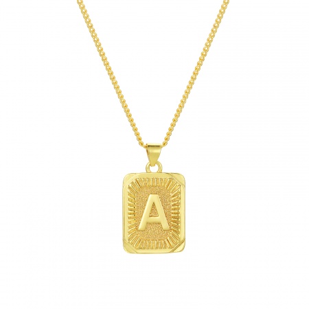 Eco-friendly Stylish Capital Alphabet Initial Letter Name 18K Real Gold Plated Brass Curb Link Chain Rectangle Stripe Message " A-Z " Pendant Charm Necklace Unisex 45cm(17.7") + 5cm(2") long