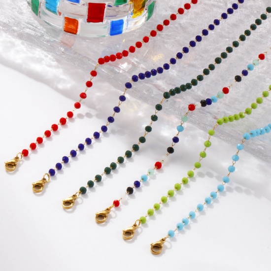 Immagine di 1 Pz Placcatura Sottovuoto Ecologica Elegante Placcato Oro 18K 304 Acciaio Inossidabile & Vetro Catena di Perline Cavigliere Per Donne Regalo 22cm Lunghezza
