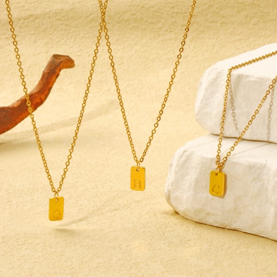 Picture of Eco-friendly Vacuum Plating Exquisite Simple 18K Gold Plated 304 Stainless Steel Link Cable Chain Rectangle Capital Alphabet Initial Letter Message " A-Z " Pendant Charm Necklace Unisex Gift 45cm(17.7") + 5cm(2") long