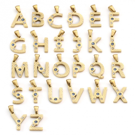 Immagine di 1 Pz Placcatura Sottovuoto PVD Ecologica 304 Acciaio Inossidabile Ciondoli Pendenti Placcato Oro 18K Lettera Maiuscola Messaggio " A-Z " Blu Cubic Zirconiae