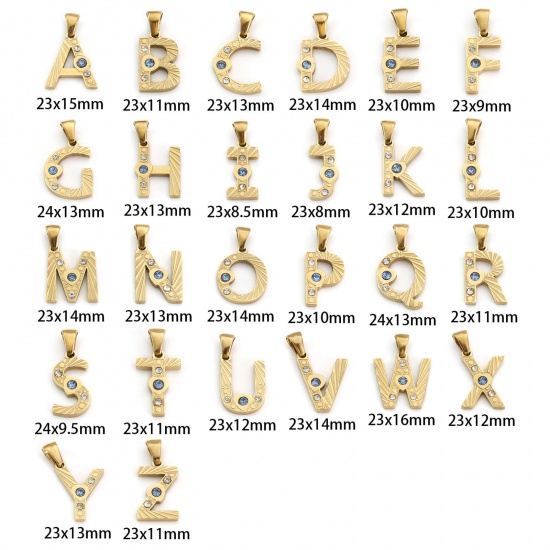 Immagine di 1 Pz Placcatura Sottovuoto PVD Ecologica 304 Acciaio Inossidabile Ciondoli Pendenti Placcato Oro 18K Lettera Maiuscola Messaggio " A-Z " Blu Cubic Zirconiae