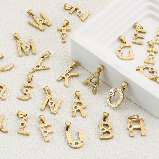 Immagine di 1 Pz Placcatura Sottovuoto PVD Ecologica 304 Acciaio Inossidabile Ciondoli Pendenti Placcato Oro 18K Lettera Maiuscola Messaggio " A-Z " Blu Cubic Zirconiae