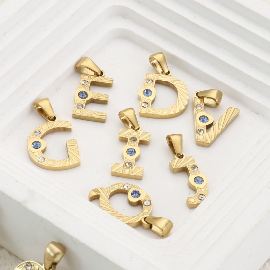 Immagine di 1 Pz Placcatura Sottovuoto PVD Ecologica 304 Acciaio Inossidabile Ciondoli Pendenti Placcato Oro 18K Lettera Maiuscola Messaggio " A-Z " Blu Cubic Zirconiae