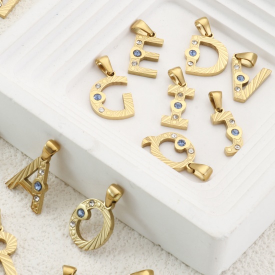 Immagine di 1 Pz Placcatura Sottovuoto PVD Ecologica 304 Acciaio Inossidabile Ciondoli Pendenti Placcato Oro 18K Lettera Maiuscola Messaggio " A-Z " Blu Cubic Zirconiae