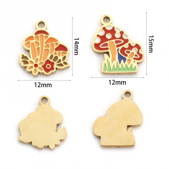 Image de 1 Pièce Breloques en 304 Acier Inoxydable Revêtement sous Vide PVD Respectueux de l'Environnement Plaqué Or 18K Multicolore Champignon Émail