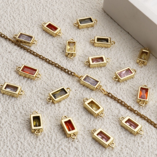 Picture of Brass & Glass Connectors Charms Pendants 18K Gold Plated Rectangle Faceted 15mm x 6mm